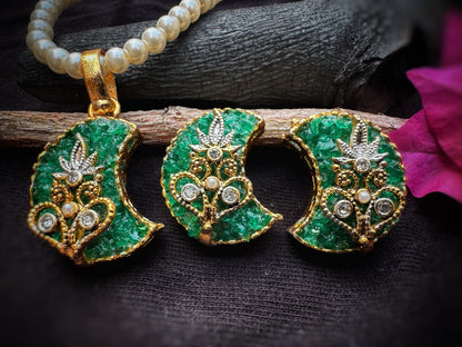 Emerald Crescent Statement Necklace With Earrings