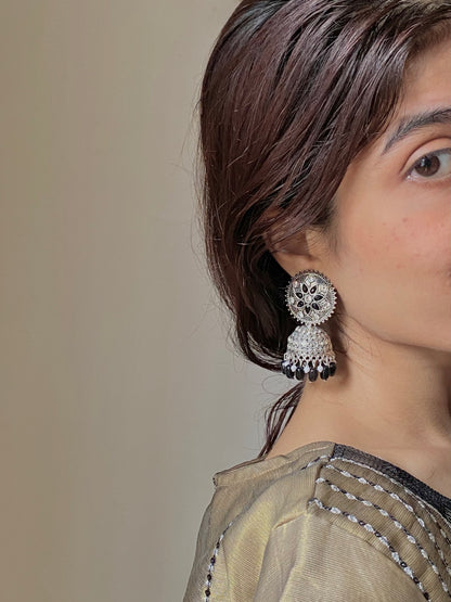 Black Stone Floral Jhumka Earrings