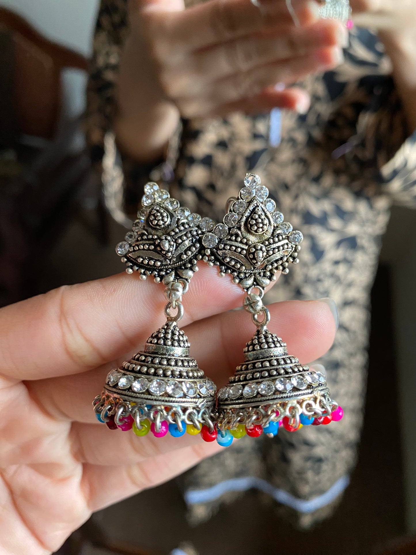 Multicolor Beads Silver Traditional Jhumka Earrings