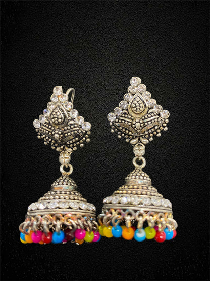 Multicolor Beads Silver Traditional Jhumka Earrings