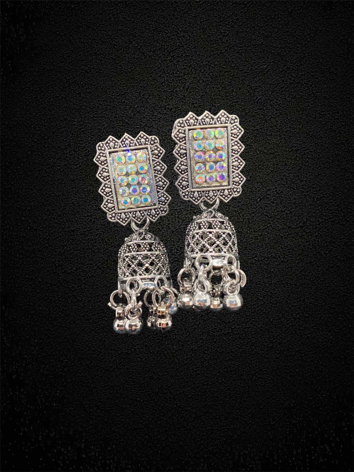 Silver and Crystal Square Jhumkas