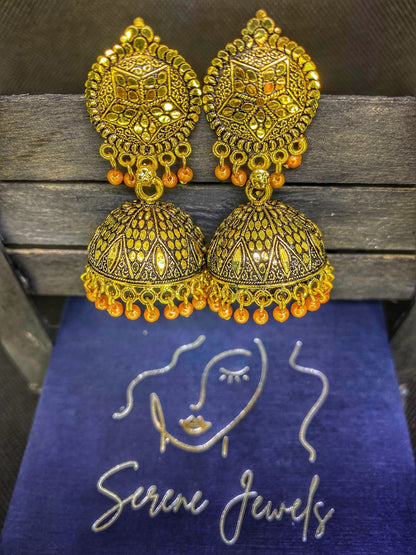 Gold Jhumka Earrings with Beads