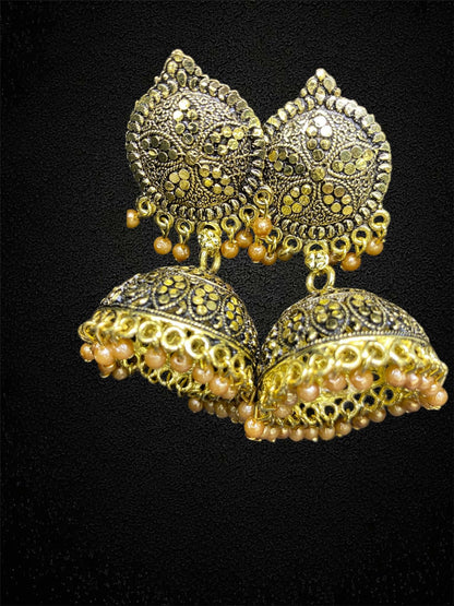 Gold Jhumka Earrings with Beads