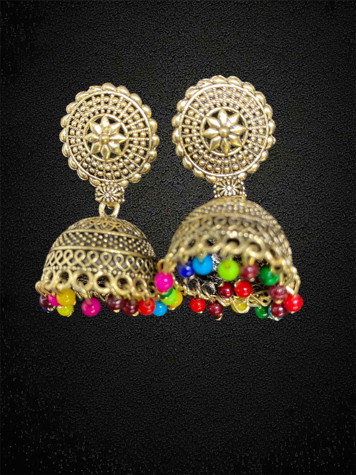 Gold-Plated Jhumkas with Colorful Beads 🎊