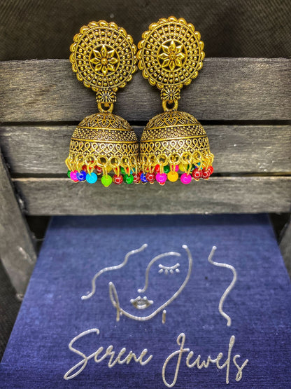 Gold-Plated Jhumkas with Colorful Beads 🎊