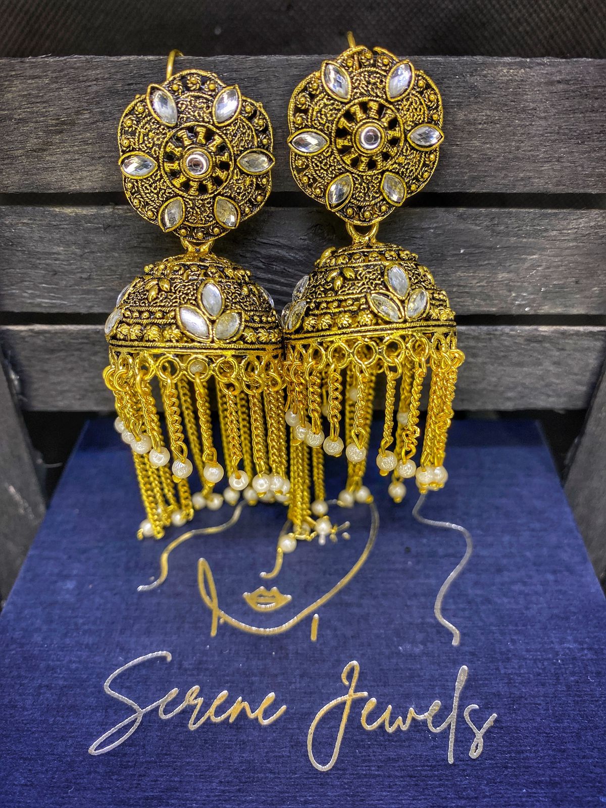 Kundan-Studded Gold Jhumkas with Chain Tassels 🌼