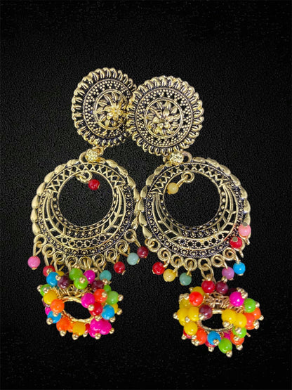 Multi-Colored Beaded Gold Hoop Earrings